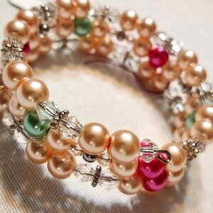 Hand Crafted Elegant Pearl and Crystal Wrap Memory Wire Bracelet Pink Green